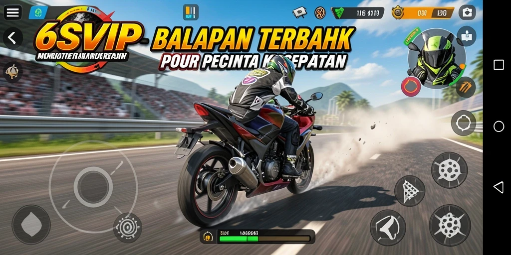 Screenshot gameplay 6SVIP menunjukkan balapan motor yang seru dan intens.
