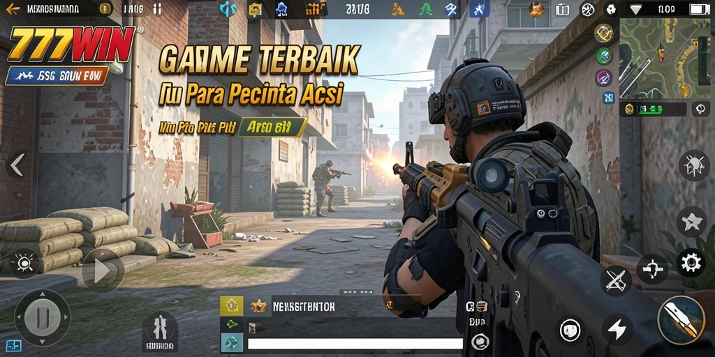 Screenshot utama gameplay 777WIN yang menampilkan aksi menegangkan di medan perang.
