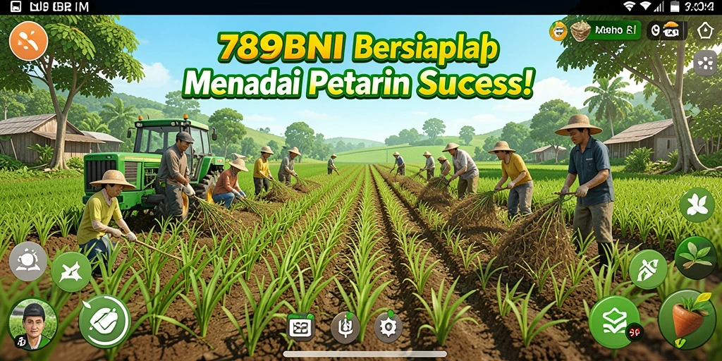 Tampilan gameplay menarik dengan ladang subur dan aktivitas pertanian.