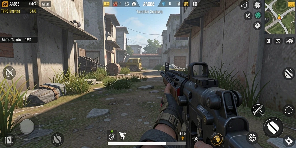 Screenshot gameplay menunjukkan aksi tembak-menembak seru di AA666.