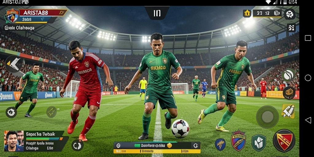 Screenshot gameplay ARISTA88 menampilkan aksi pemain di lapangan sepak bola.