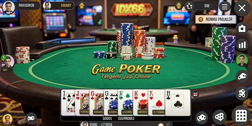Screenshot gameplay Poker di IDX66 dengan tampilan meja dan pemain.