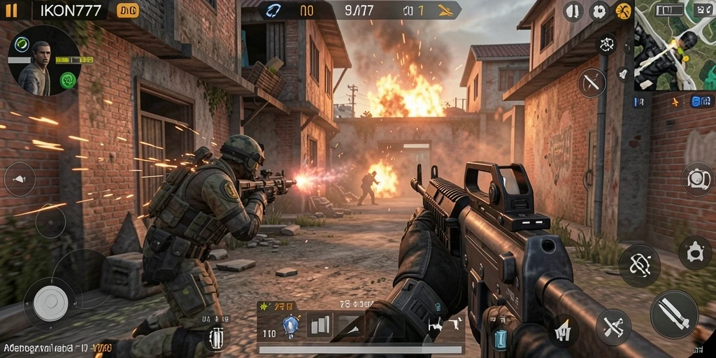 Screenshot menampilkan aksi seru dalam permainan FPS IKON777.