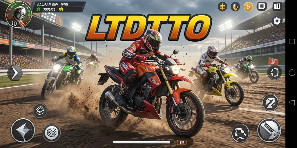 Screenshot gameplay LTDTOTO menampilkan aksi balap motor yang menegangkan.