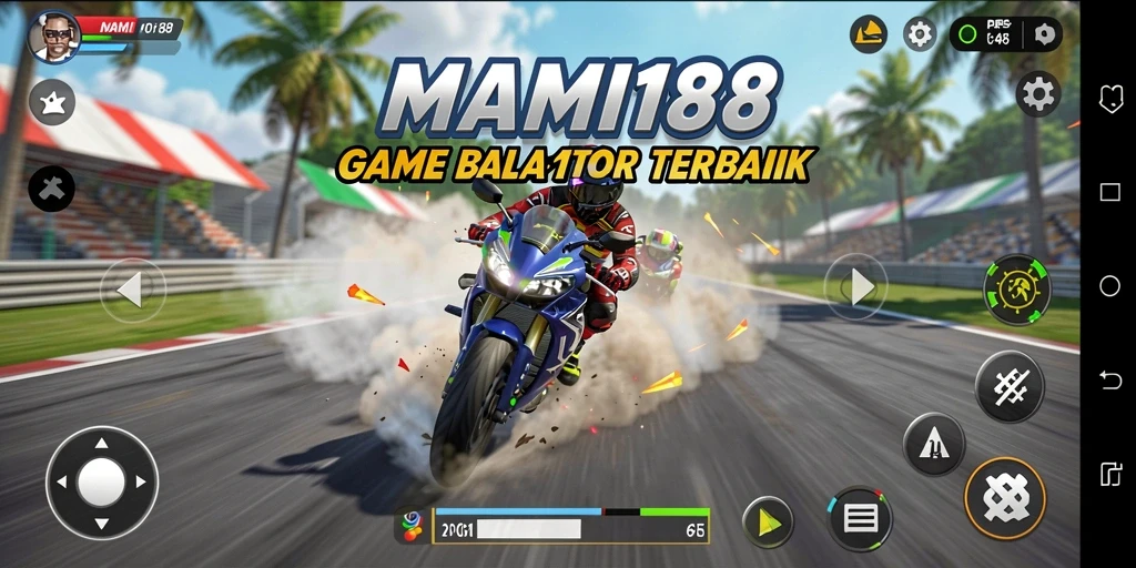 Screenshot gameplay MAMI188 yang menampilkan aksi balap motor menegangkan.