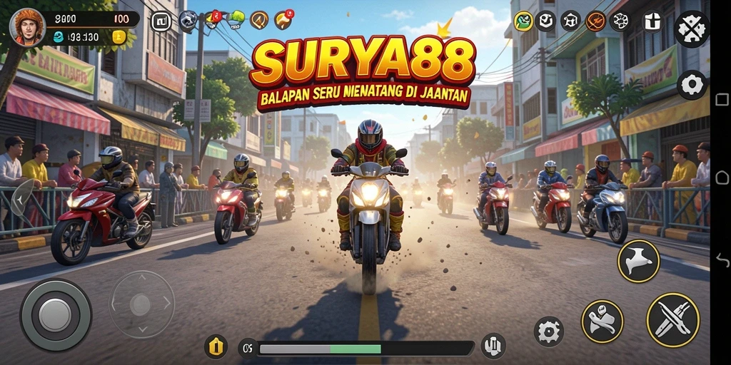 Tangkapan layar gameplay SURYA88 dengan mobil balap di trek menegangkan.