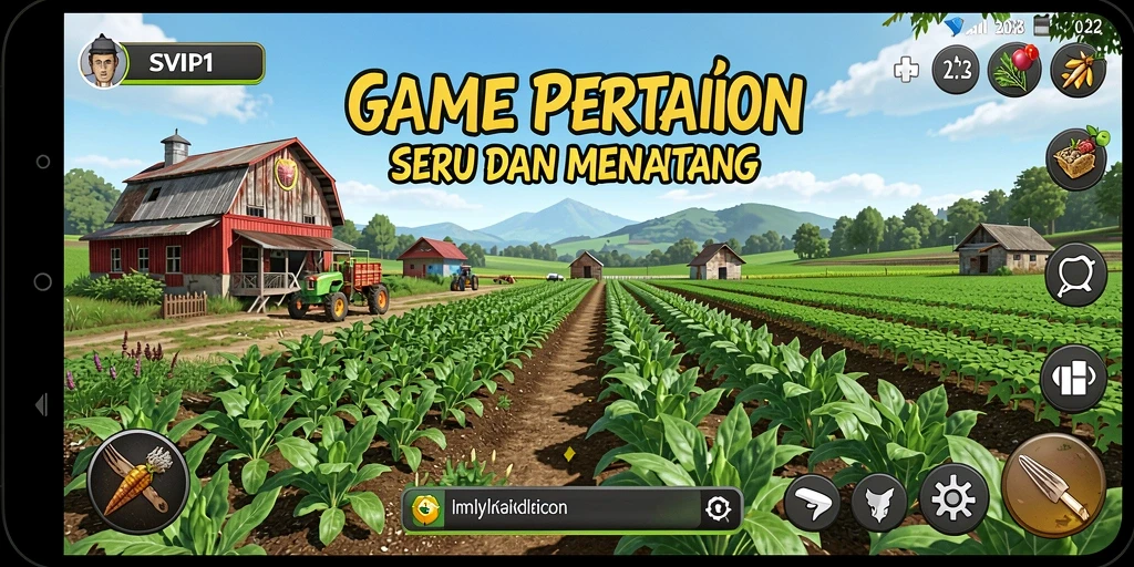 Screenshot gameplay SVIP1 yang menunjukkan ladang hijau subur dan aktivitas bertani.